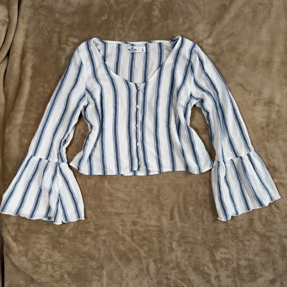 Hollister white and blue striped blouse button down with bell sleeves crop top